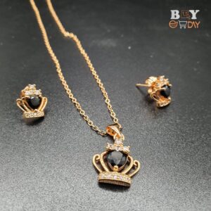 Princess Crown Pendant Set With Earrings Black Color