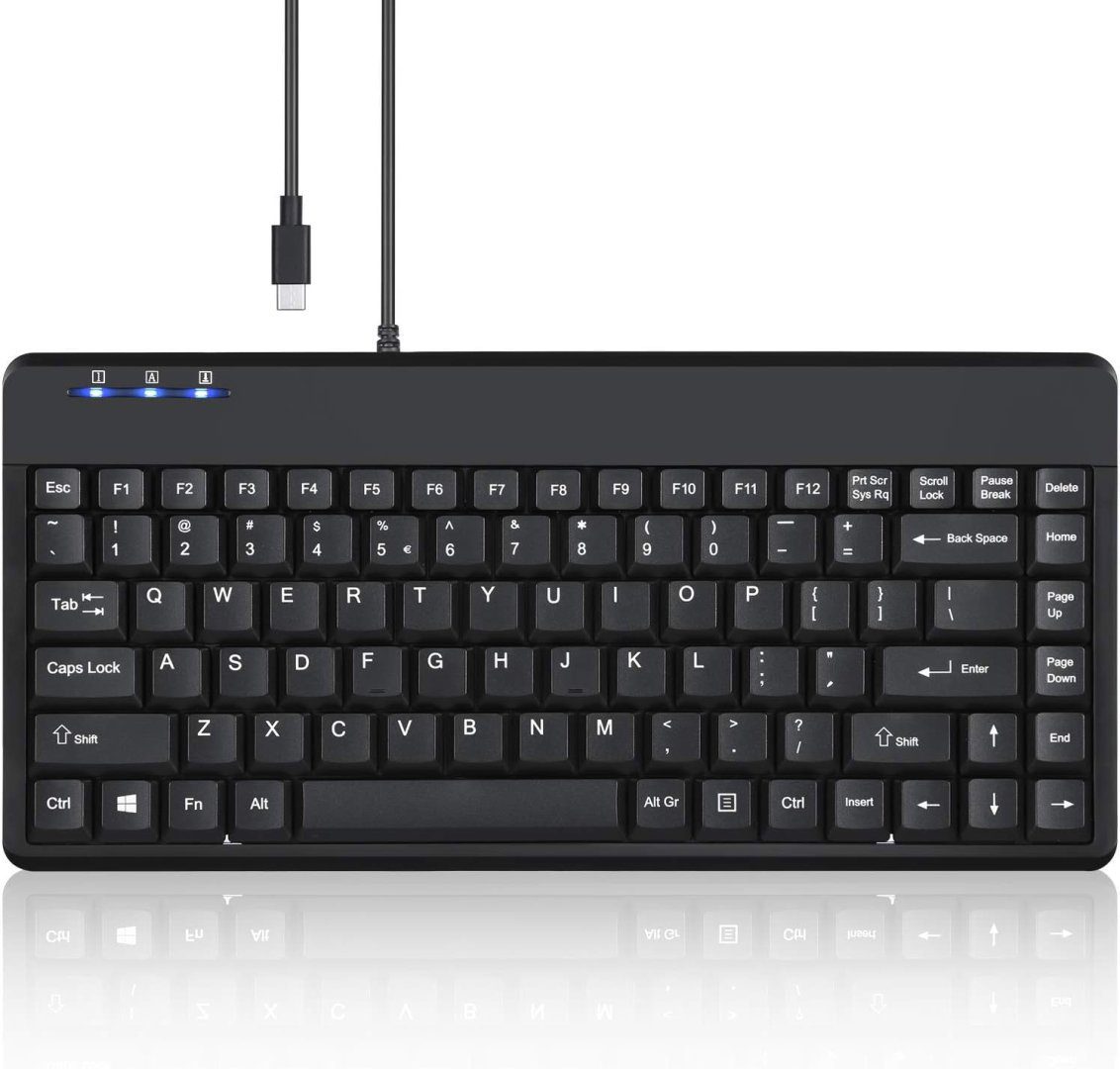 Perixx PERIBOARD-409C Wired USB Type-C Mini Keyboard - Build-in 2xUSB2.0 Hubs - 5.9 Ft Cable - Black - US English