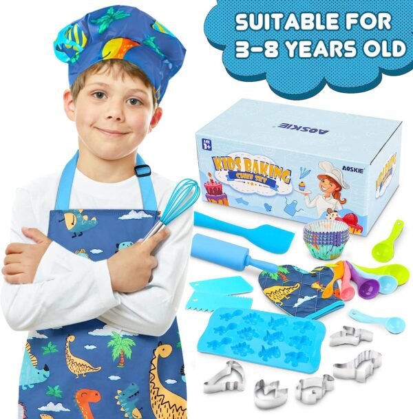 Aoskie Kids Baking Set with Dinosaur Apron and Chef Hat