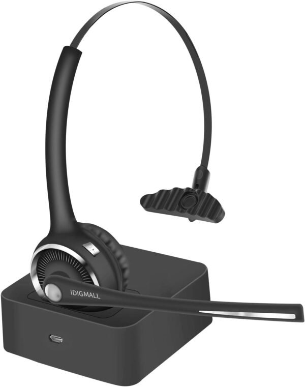 DIGMALL Trucker Bluetooth 5.0 Headset for Cell Phones, Wireless Headphones w/Mic, Noise Cancelling Office Headset w/Charging Base for PC Laptop Call Center Skype (Black)…