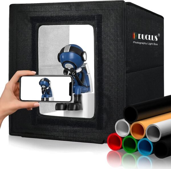 Light Box Photography, DUCLUS Portable Photo Studio Booth Box, 12" x 12" Professional Mini Shooting Tents with 112 LED Lights Dimmable, 8 Backdrops for Small Product: Jewelry, Miniature Models etc.