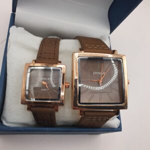 Positif Designer Couple Watch - Rectangle Dial Brown Leather Strap - FCW-071