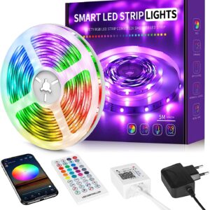 Beaeet LED Strip 5 m, LED Strip 5 m Self-Adhesive LED Strip Light Chain Colour Changing LED 5 m with Remote Control and App, LED Lights Lighting LEDs for Room Kitchen Party